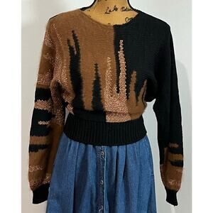 VTG 90s Michelle Stuart Wool Angora Blend Black Brown Metallic Knit Sweater SZ 6